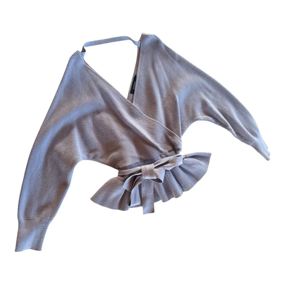 Zesica Wrap V Neck Batwing Sleeve Belted Waist Ruffle Peplum Knitted Sweater L - Picture 4 of 6